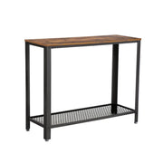 Iron Framed Console Table with Wooden Top and Wire Mesh Open Shelf, Brown and Black