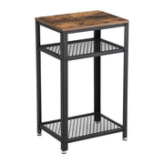 Industrial Style Iron and Wood Side Table with Two Tier Mesh Shelves, Black and Brown