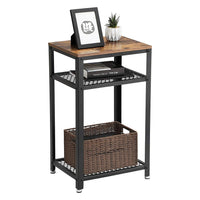 Industrial Style Iron and Wood Side Table with Two Tier Mesh Shelves, Black and Brown