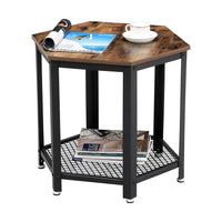 Iron Framed End Table with Wooden Top and Wire Mesh Open Shelf, Brown and Black