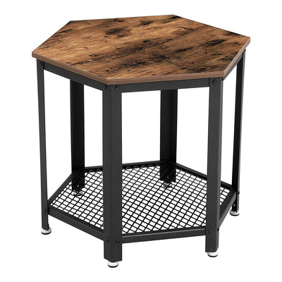Iron Framed End Table with Wooden Top and Wire Mesh Open Shelf, Brown and Black