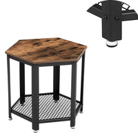 Iron Framed End Table with Wooden Top and Wire Mesh Open Shelf, Brown and Black