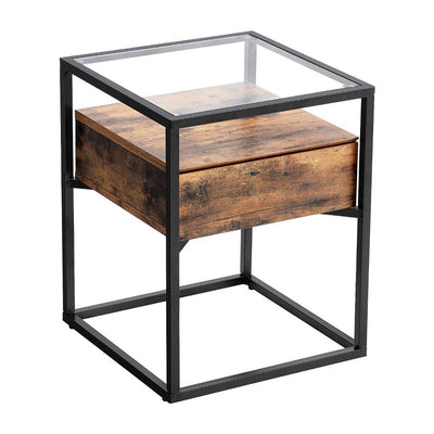Iron Framed Side Table with Tempered Glass Top and Wooden Drawer, Brown and Black