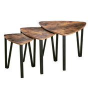 Wooden Triangular Nesting Tables with Iron Angled Legs, Brown and Black, Set of Three
