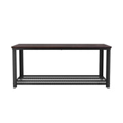 Iron Framed Coffee Table with Wooden Top and Grid Designed Bottom Shelf, Brown and Black