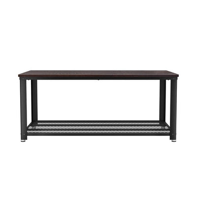 Iron Framed Coffee Table with Wooden Top and Grid Designed Bottom Shelf, Brown and Black