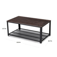 Iron Framed Coffee Table with Wooden Top and Grid Designed Bottom Shelf, Brown and Black