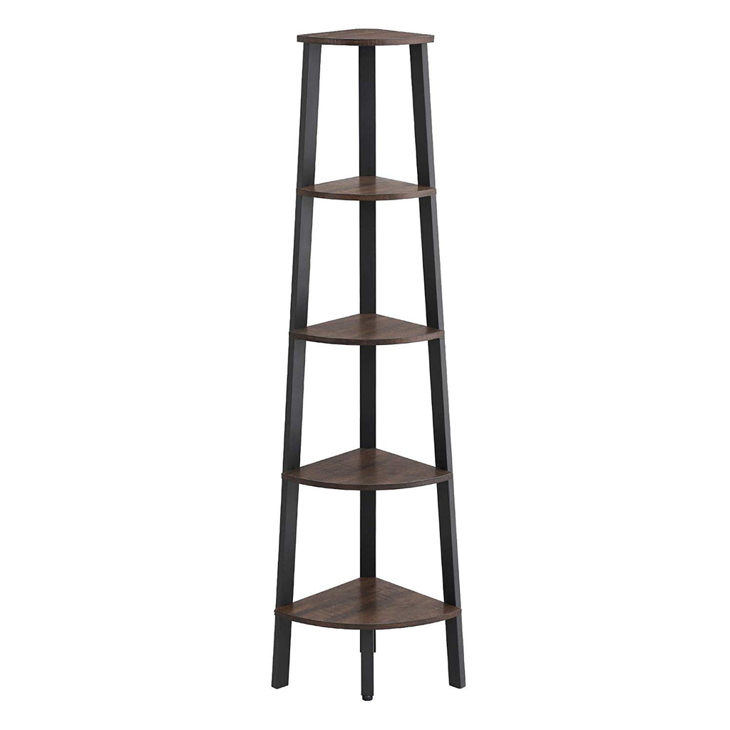 Industrial Style Free Standing Iron Bookcase with Five Wooden Shelves, Brown and Black