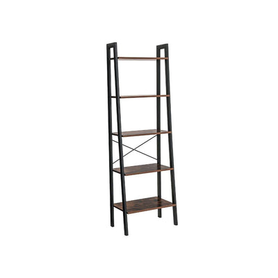 Five Tiered Rustic Wooden Ladder Shelf with Iron Framework, Brown and Black