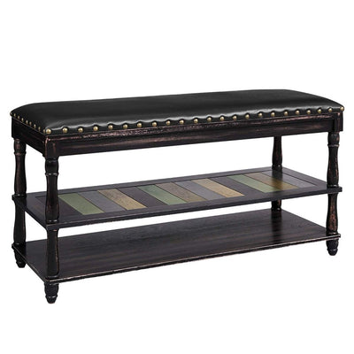 Wooden Bench with Leatherette Padded Seat and Two Storage Shelves, Brown and Black