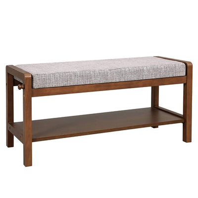 Wooden Bench with Fabric Padded Cushion Seat and Bottom Shelf, Brown and Gray