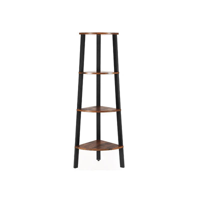 Four Tier Ladder Style Wooden Corner Shelf with Iron Framework, Brown and Black