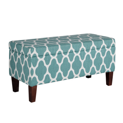 Quatrefoil Print Fabric Upholstered Wooden Bench With Hinged Storage, Large, Teal Blue and Cream