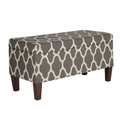 Quatrefoil Print Fabric Upholstered Wooden Bench With Hinged Storage, Large, Gray and Cream