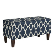 Quatrefoil Print Fabric Upholstered Wooden Bench With Hinged Storage, Large, Blue and White