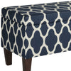 Quatrefoil Print Fabric Upholstered Wooden Bench With Hinged Storage, Large, Blue and White