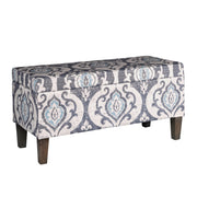 Damask Patterned Fabric Upholstered Wooden Bench With Hinged Storage, Large, Multicolor