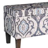 Damask Patterned Fabric Upholstered Wooden Bench With Hinged Storage, Large, Multicolor
