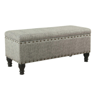 Textured Fabric Upholstered Wooden Storage Bench With Nail head Trim, Large, Gray and Black