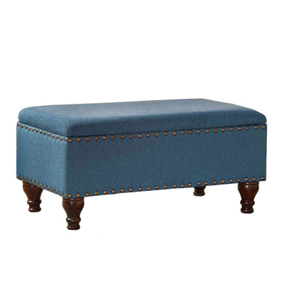 Fabric Upholstered Wooden Storage Bench With Nail head Trim, Large, Blue and Brown