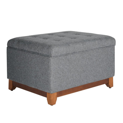 Textured Fabric Upholstered Wooden Ottoman With Button Tufted Top, Gray and Brown