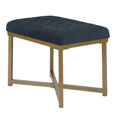 Bench with Button Tufted Velvet Upholstered Seat, Dark Blue and Gold