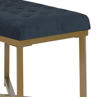 Bench with Button Tufted Velvet Upholstered Seat, Dark Blue and Gold