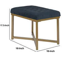 Bench with Button Tufted Velvet Upholstered Seat, Dark Blue and Gold