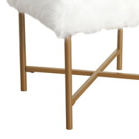 Upholstered Stool with Tubular Metal Legs and X Shape Base, White and Gold