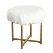 Round Faux Fur Upholstered Stool with X Shape Metal Base, White and Gold