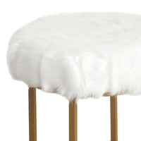 Round Faux Fur Upholstered Stool with X Shape Metal Base, White and Gold