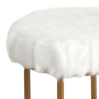 Round Faux Fur Upholstered Stool with X Shape Metal Base, White and Gold