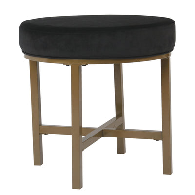 Round Shape Metal Framed Ottoman with Velvet Upholstered Seat, Black and Brown