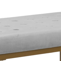 Ottoman with Button Tufted Velvet Upholstered Seat, Light Gray and Gold