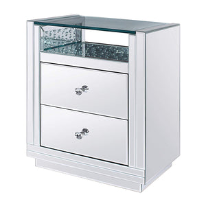 Two Drawers Wooden Nightstand with Mirrored Paneling, Clear