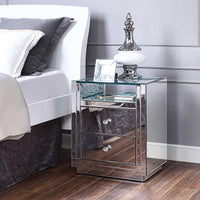 Two Drawers Wooden Nightstand with Mirrored Paneling, Clear