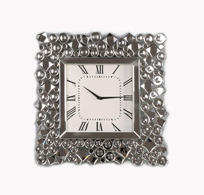 Wood and Mirror Wall Clock with Glass Crystal Gems, Clear and Black