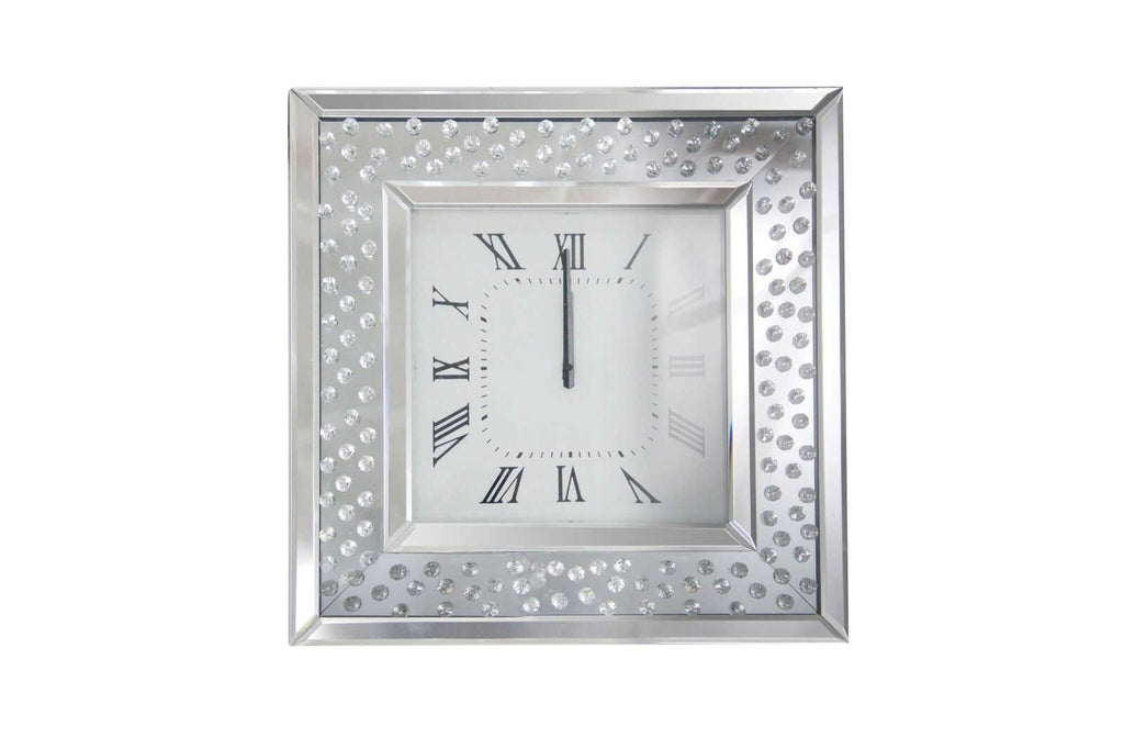 Square Shape Mirrored Analog Wall Clock with Wooden Backing, Clear