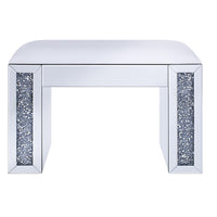 Wood and Mirror Vanity Stool with Leatherette Upholstered Seat, White and Clear