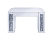 Wood and Mirror Vanity Stool with Leatherette Upholstered Seat, White and Clear