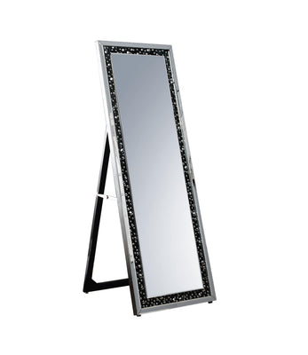 Wooden Framed Floor Mirror with Fold Out Back Leg, Clear and Black