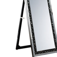 Wooden Framed Floor Mirror with Fold Out Back Leg, Clear and Black