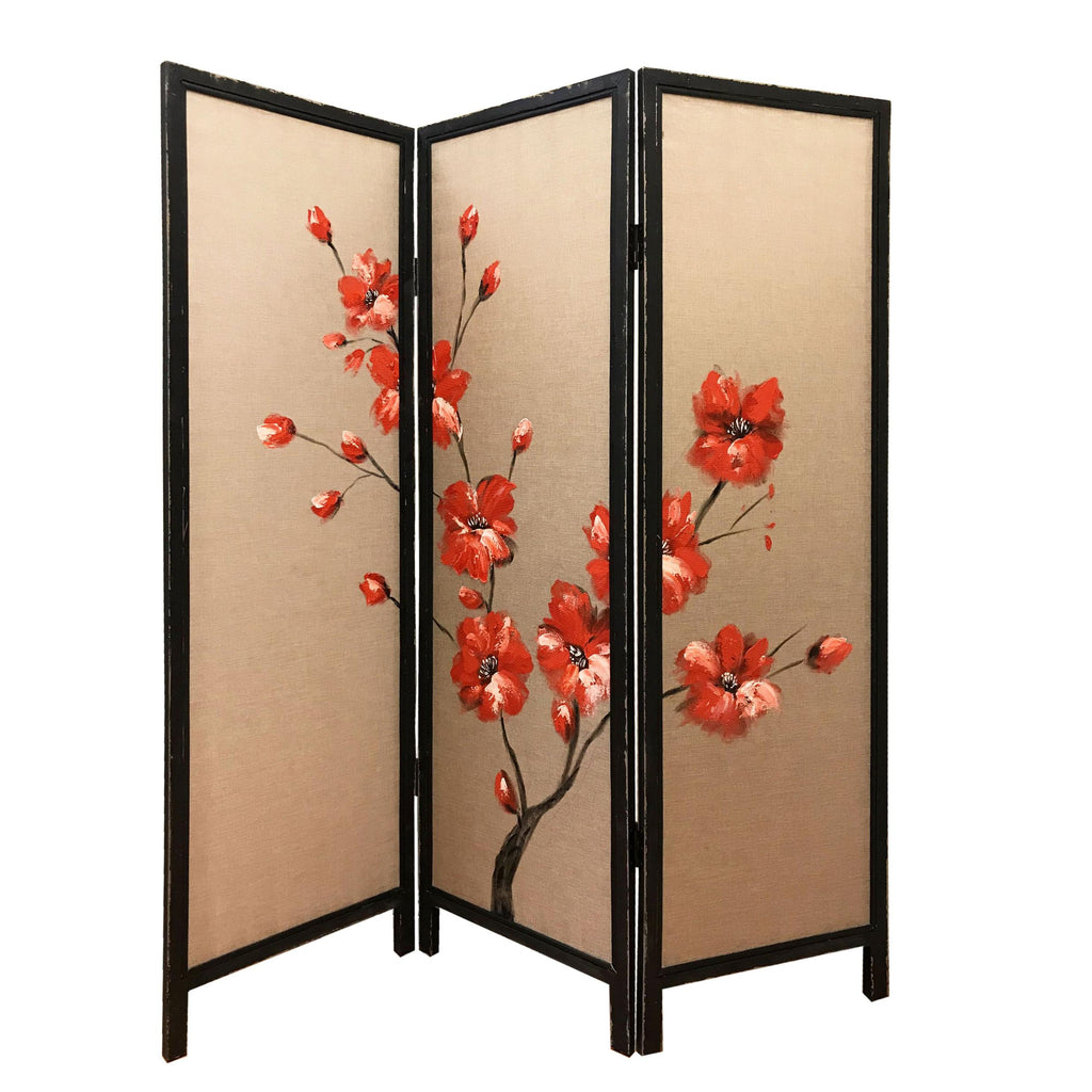 60" X 1" X 63" 3 Panel Brown Fabric And Wood Blooming Screen