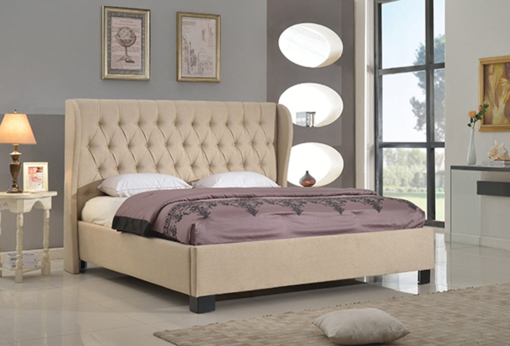 Full Size Platform Bed with Button Tufted Back and Rails, Tan