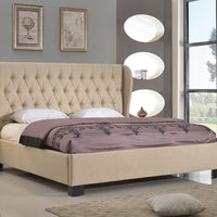 Queen Size Polyurethane Platform Bed with Button Tufted Back, Tan