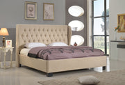 Queen Size Polyurethane Platform Bed with Button Tufted Back, Tan