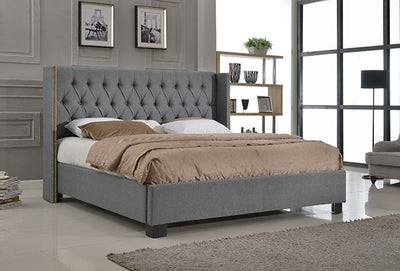 California King Platform Bed with Button Tufted Footboard, Gray