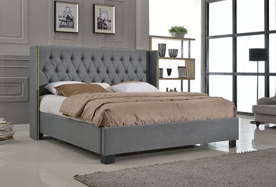 Eastern King Platform Bed with Button Tufted Footboard, Gray