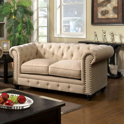 Fabric Traditional Love Seat With Nailhead Details And Button Tuftings, Ivory Cream