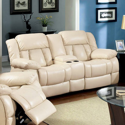 Leatherette Upholstered Transitional Love Seat With Cup Holders, Ivory Cream